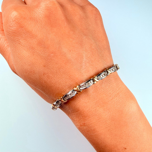 Estate 10K Solid Two Tone Gold 1.4 CT Natural Diamond X Bypass Tennis Bracelet - Picture 10 of 12